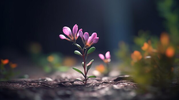 Un fiore nel terreno con uno sfondo scuro