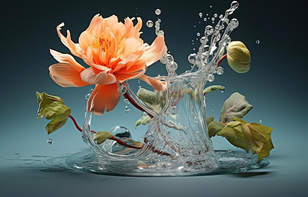 un fiore nell'acqua con un tocco di arancione e verde nello stile delle illustrazioni iperrealistiche