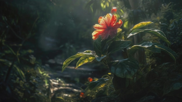 Un fiore nella foresta con il sole che splende su di esso
