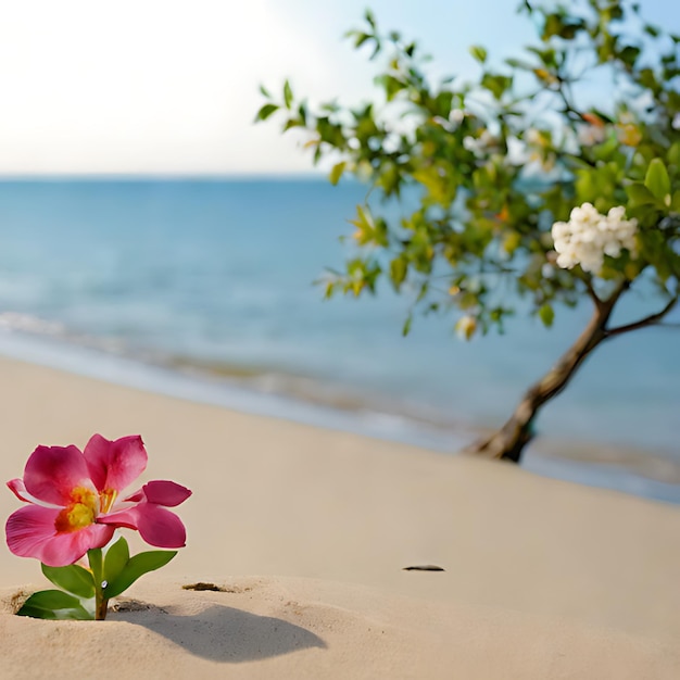 un fiore nella sabbia su una spiaggia con un albero sullo sfondo