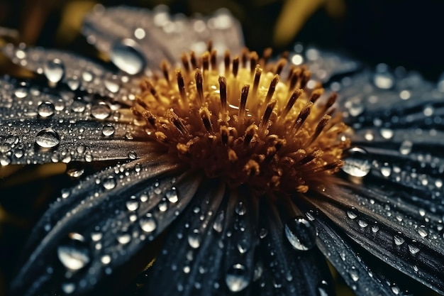 Un fiore nero con gocce d'acqua su di esso