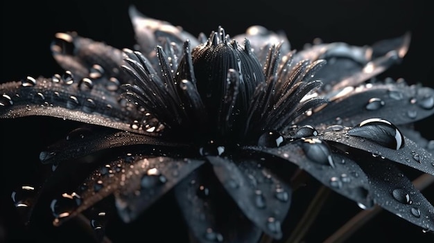 Un fiore nero con gocce d'acqua su di esso