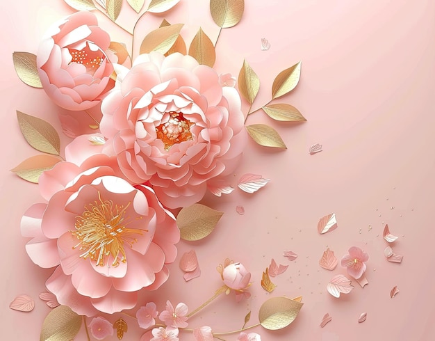 un fiore rosa con foglie d'oro e fiori rosa