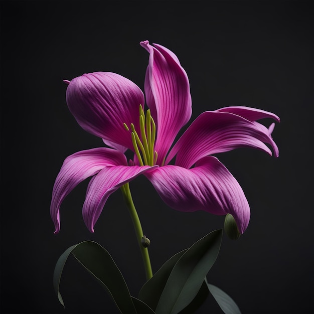 Un fiore rosa con foglie verdi e uno stelo verde.