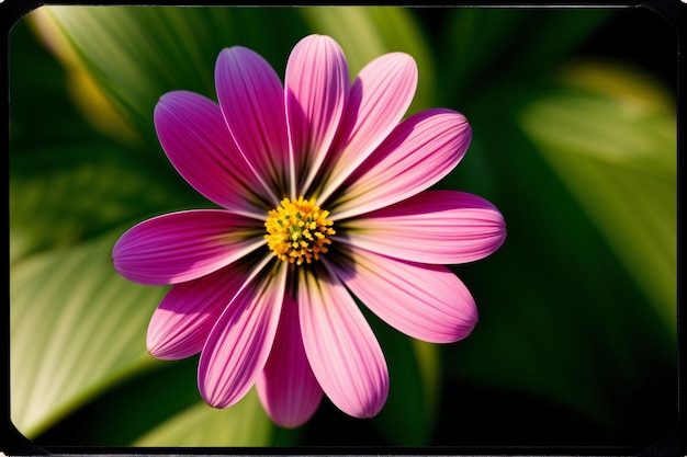 Un fiore rosa con foglie verdi sullo sfondo