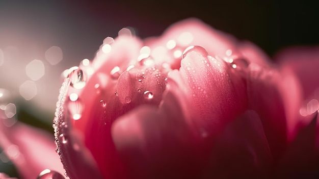 Un fiore rosa con gocce d'acqua su di esso