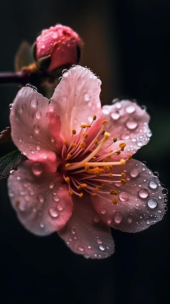 Un fiore rosa con gocce d'acqua su di esso