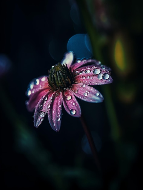 Un fiore rosa con gocce d'acqua su di esso