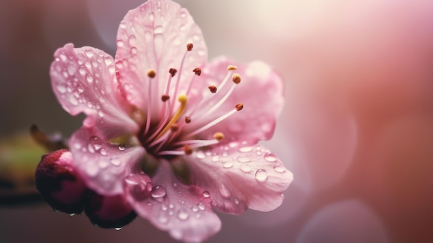 Un fiore rosa con gocce d'acqua su di esso