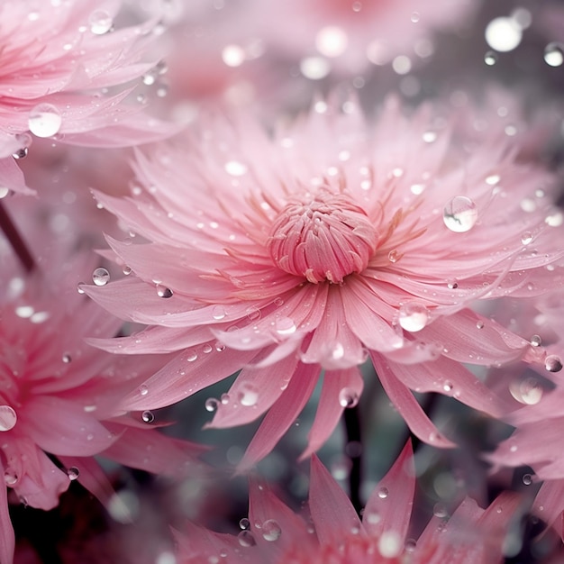 Un fiore rosa con gocce d'acqua su di esso