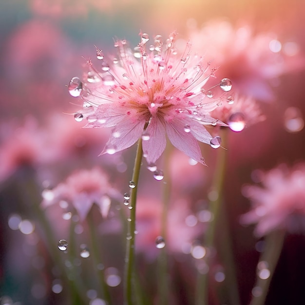 Un fiore rosa con gocce d'acqua su di esso