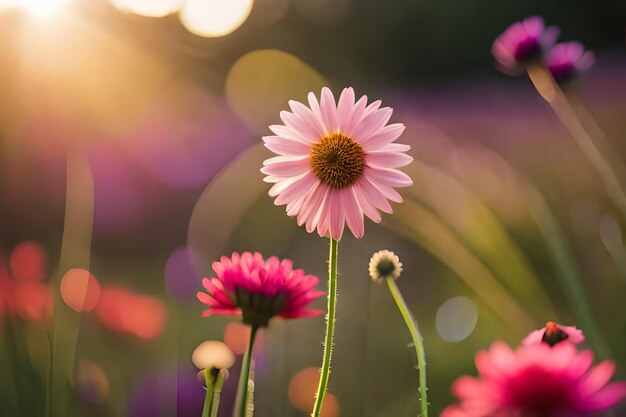 un fiore rosa con il sole dietro