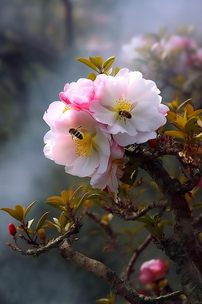 Un fiore rosa con sopra delle api