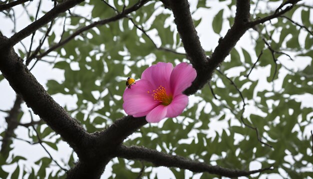 un fiore rosa con un'ape sopra