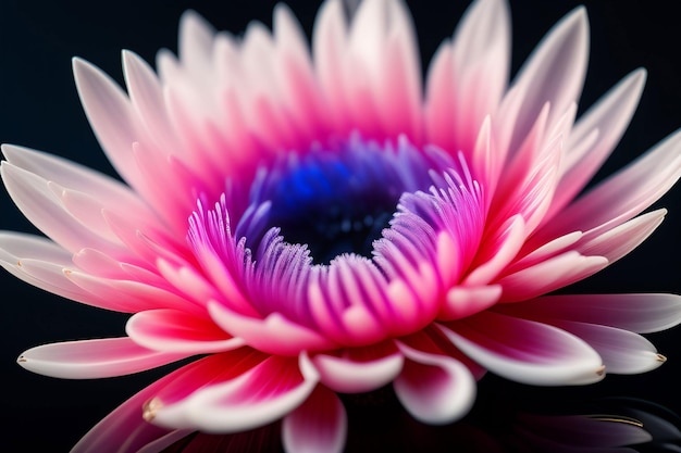 Un fiore rosa con un centro blu e un centro bianco.