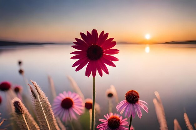 un fiore rosa con un centro viola che dice "sole" all'orizzonte.