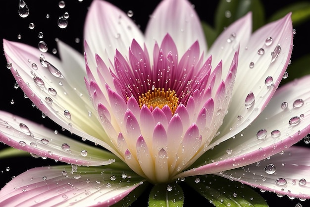 Un fiore rosa e bianco con gocce d'acqua su di esso