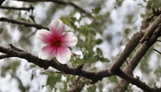 un fiore rosa e bianco è su un ramo