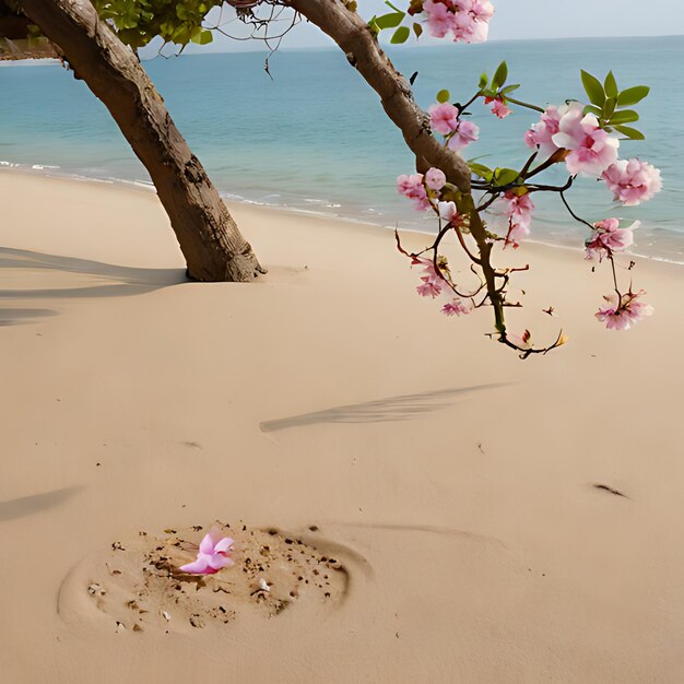 un fiore rosa è disegnato nella sabbia su una spiaggia