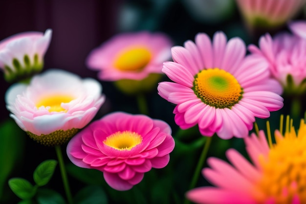 Un fiore rosa e giallo è in primo piano con un fiore bianco sullo sfondo.