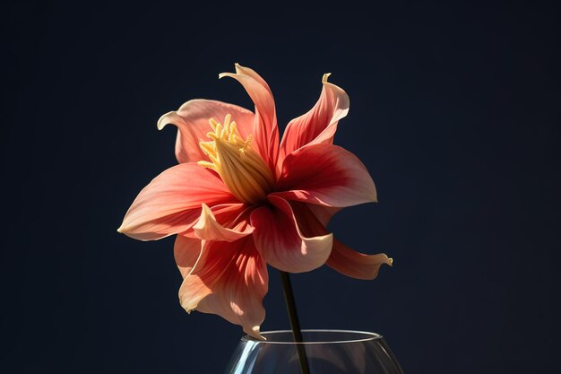 Un fiore rosa è in un bicchiere e il fondo è rosso.