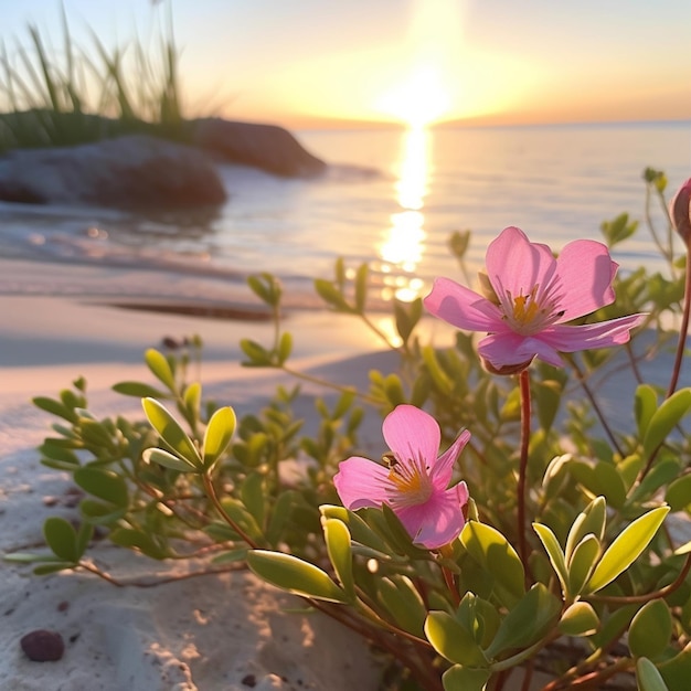 Un fiore rosa è nella sabbia vicino all'acqua.