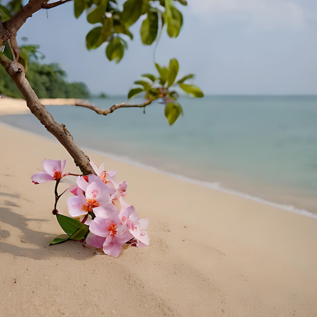 un fiore rosa è sulla spiaggia e l'oceano è sullo sfondo