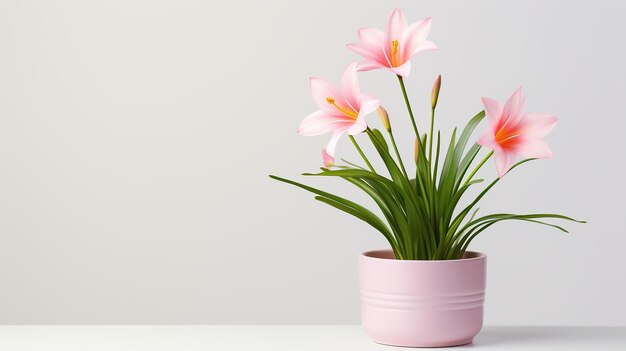 un fiore rosa in un vaso con dentro una pianta verde.