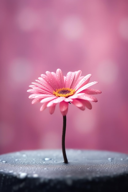 Un fiore rosa seduto in cima a un tavolo