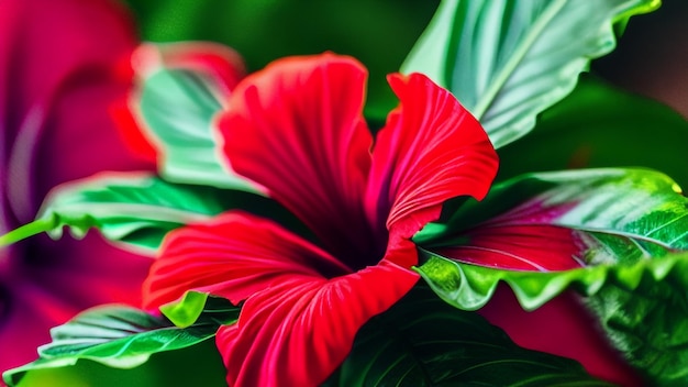 Un fiore rosso con foglie verdi