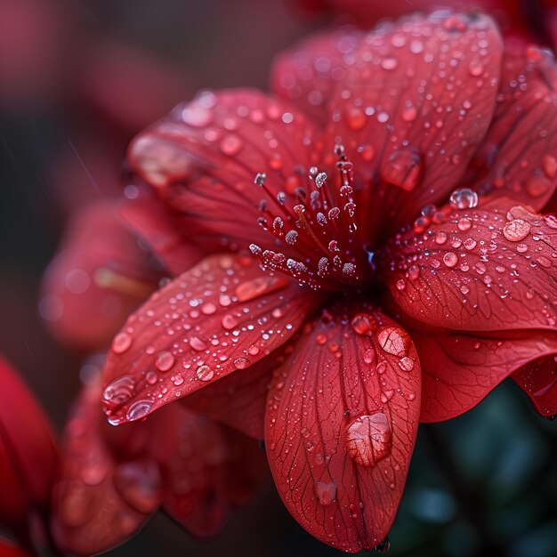 Un fiore rosso con gocce d'acqua