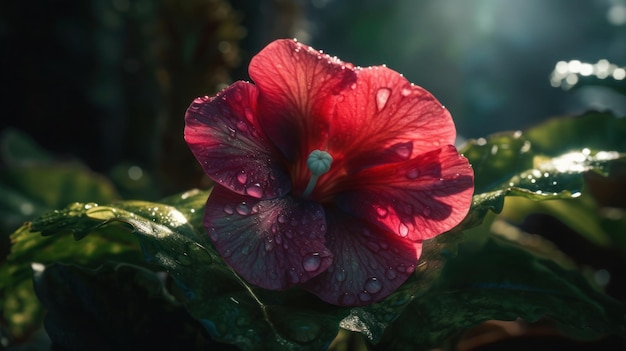 Un fiore rosso con gocce di pioggia su di esso