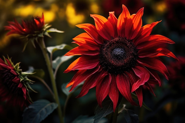 Un fiore rosso con uno sfondo giallo