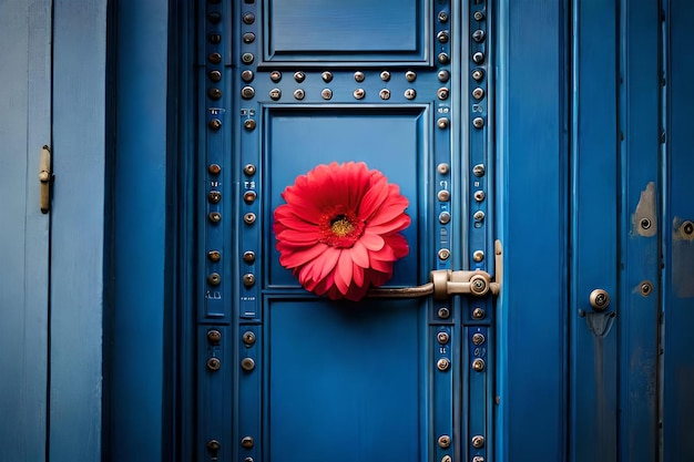 un fiore rosso è appeso a una porta blu