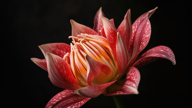 Un fiore rosso e arancione con uno sfondo bianco.