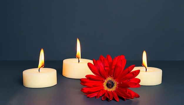 Un fiore rosso è circondato da candele e un fiore rosso è davanti a uno sfondo blu scuro.