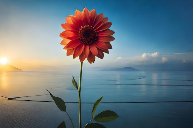 un fiore rosso è davanti a un tramonto.