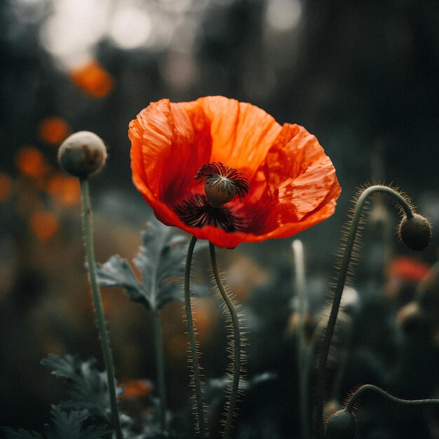 Un fiore rosso è in primo piano e lo sfondo è sfocato