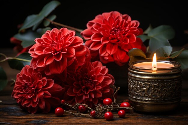 Un fiore rosso è posto davanti a due candele