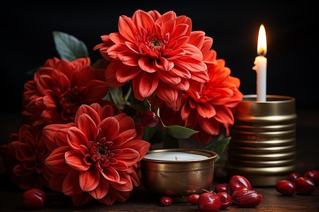Un fiore rosso è posto davanti a due candele