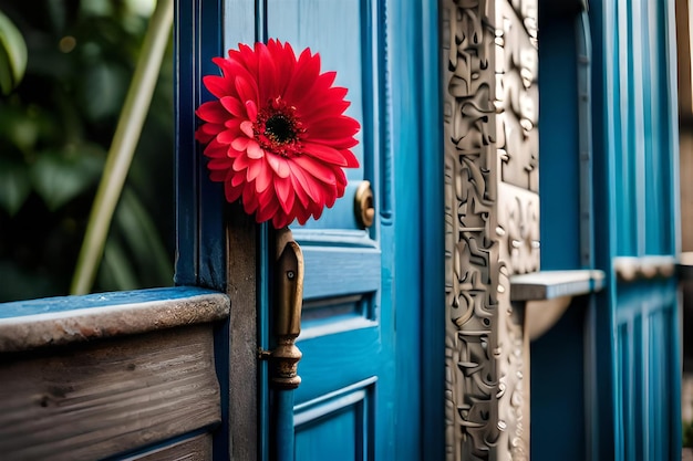 un fiore rosso è su una porta blu