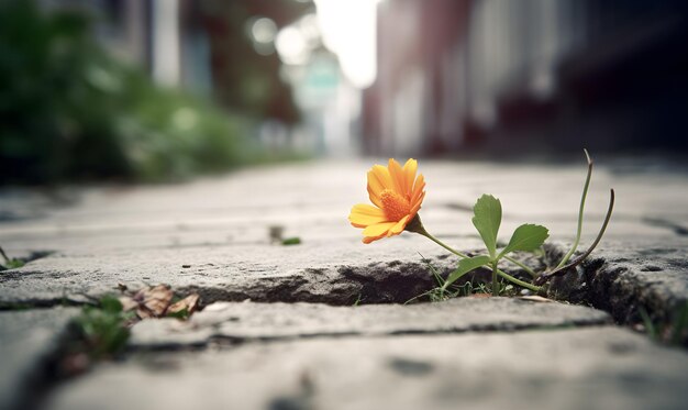 Un fiore sta crescendo da una fessura in una strada di ciottoli.