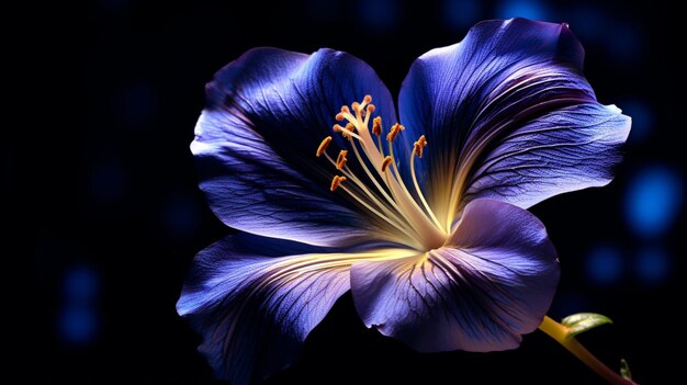 un fiore su sfondo nero con petali viola nello stile del giallo chiaro e del blu scuro