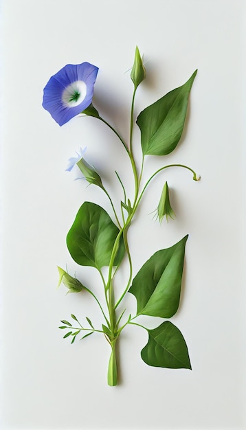 Un fiore su uno sfondo bianco con sopra un fiore blu.
