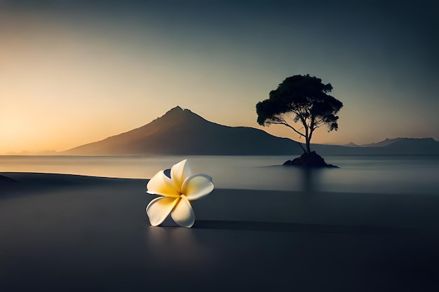 un fiore sulla spiaggia con una montagna sullo sfondo.