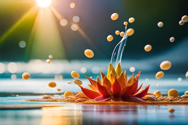 un fiore viene spruzzato con acqua e il sole splende su di esso.