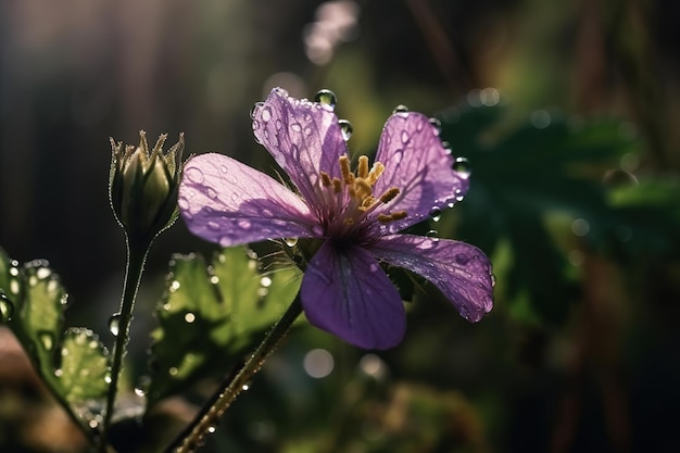 Un fiore viola con gocce di rugiada su di esso