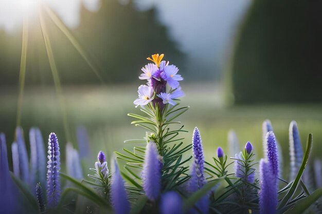 un fiore viola con il sole che splende sullo sfondo