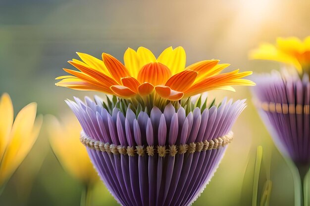 Un fiore viola con petali gialli e arancione