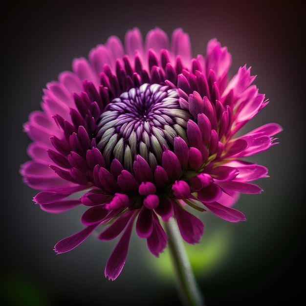 Un fiore viola con un centro bianco e uno stelo verde.